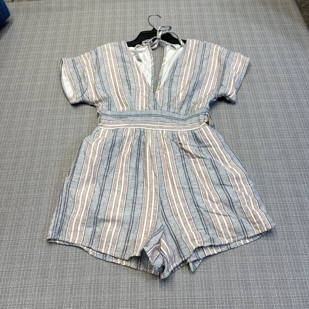 Coastal Linen Blend Romper XS Blue‎ Stripe American Eagle Tie Waist Euro Summer